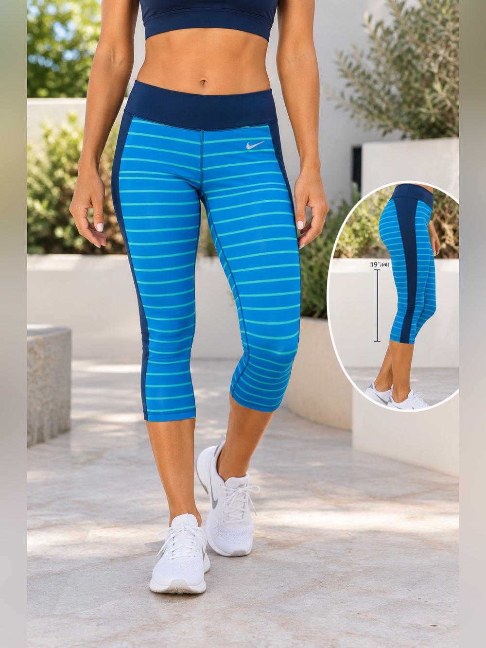 Nike blue and teal striped capri leggings size m